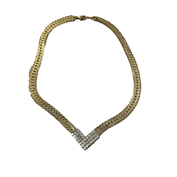 Vintage 1980's Collar 18" Necklace V Rhinestone Crystal GoldTone Herringbone - Picture 1 of 4